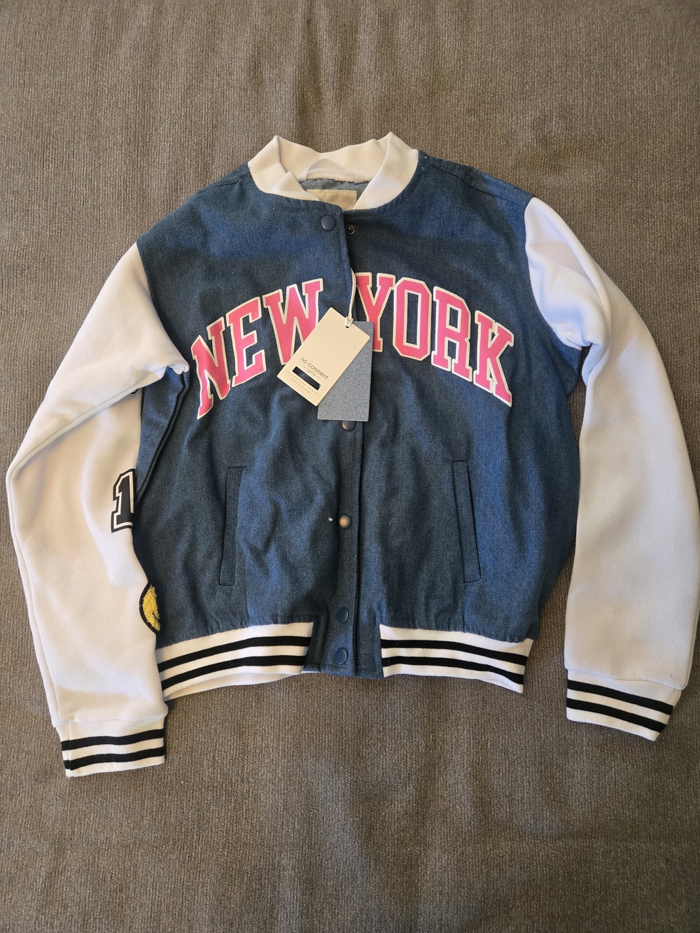 Denim-Front New York Varsity Jacket for Kids in Blue and White